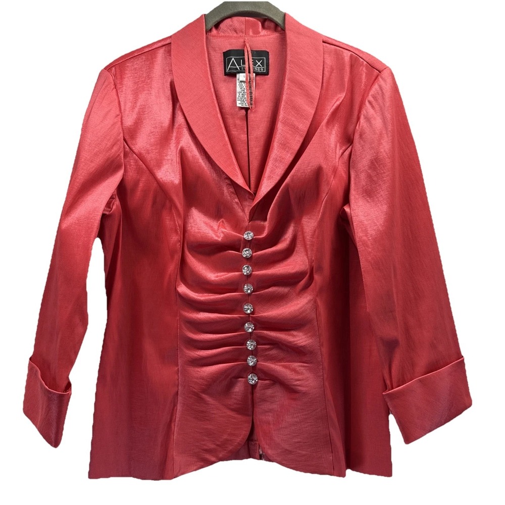 ALEX Evenings Womens Top Sz L Solid Coral‎ Taffeta Shiny 3/4 Sleeves Rhinestones